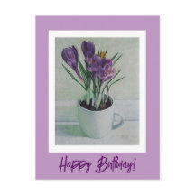 Purple flowers in a cup painting birthday art card