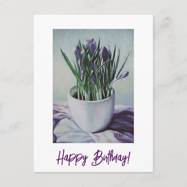 Purple flowers in a cup painting birthday art card (Front)