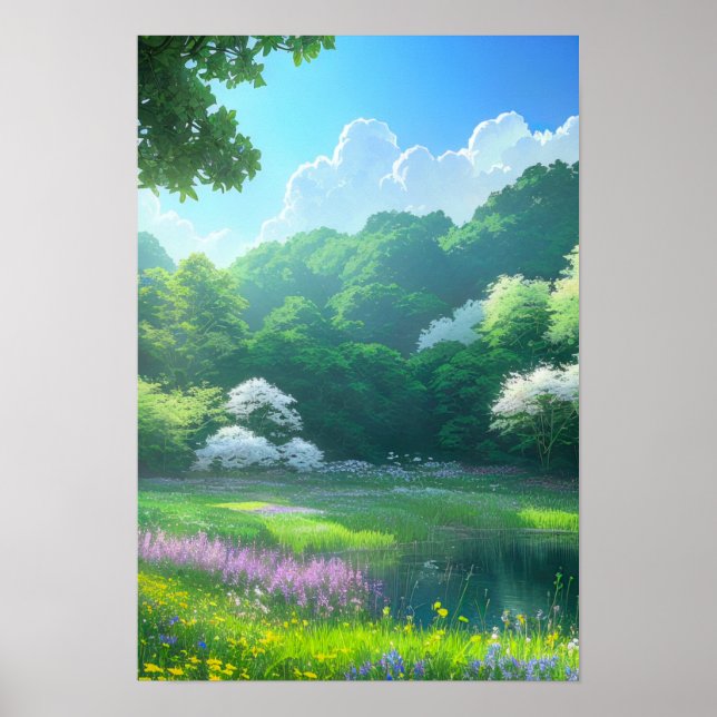 Purple Flowers in a Forest Clearing Poster (Front)