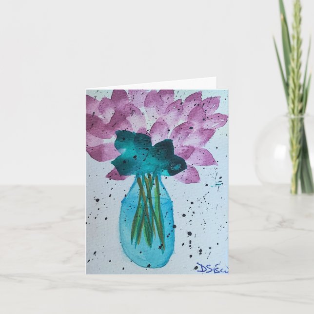 PURPLE FLOWERS IN BLUE GREEN VASE CARD (Front)
