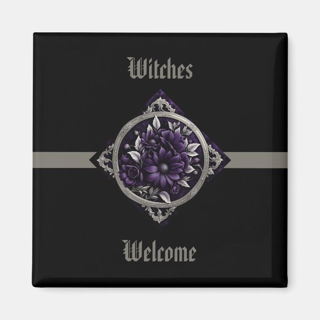 Purple Flowers in Gothic Frame with Ribbon Magnet (Front)