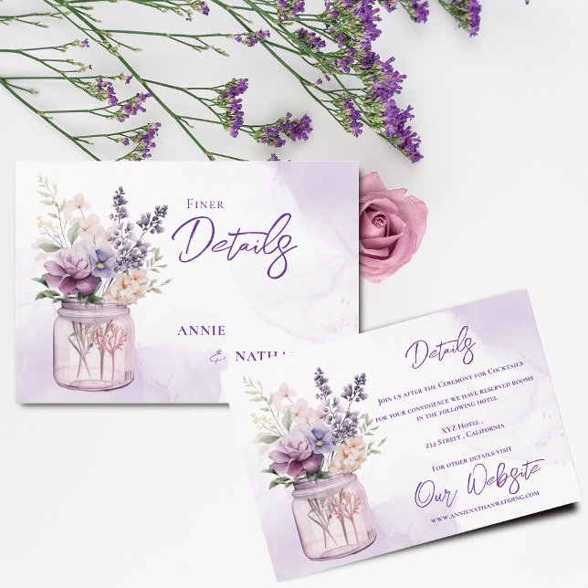 Purple Flowers In Mason Jar Floral Wedding Details Enclosure Card (Purple Flowers In Mason Jar Floral Wedding Details Enclosure Card)