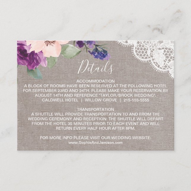 Purple Flowers & Lace Wedding Details Insert Card (Front)