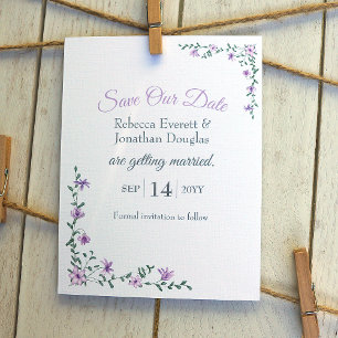 Purple Flowers, Leafy Vines Wedding Save Our Date Invitation