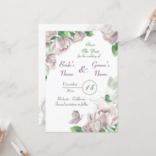 purple flowers & leaves butterflies save the date invitation