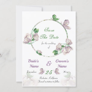 purple flowers & leaves butterflies save the date invitation
