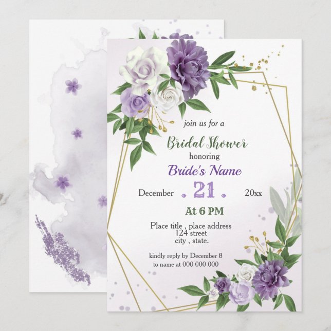 purple flowers & leaves geometric bridal shower invitation (Front/Back)
