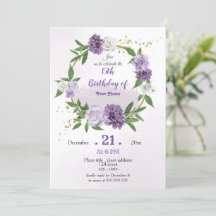 purple flowers & leaves wreath birthday invitation