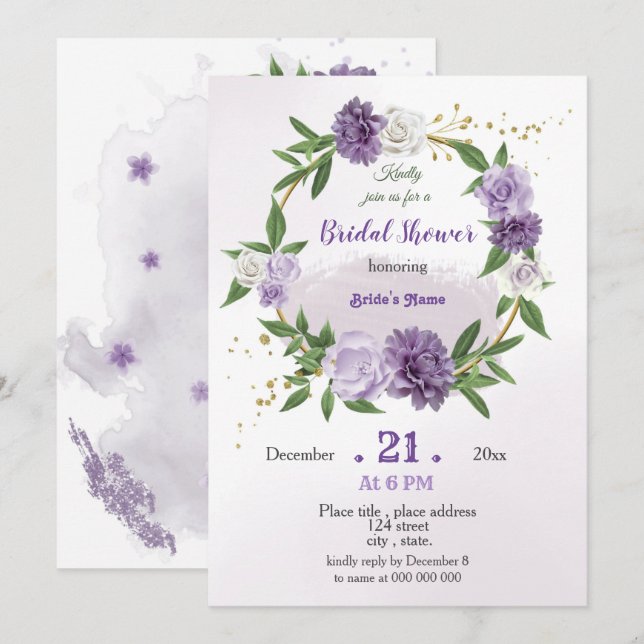 purple flowers & leaves wreath bridal shower invitation (Front/Back)