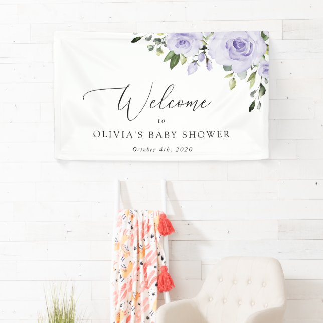 Purple Flowers, Lilac Flowers, Baby Shower Welcome Banner (Insitu)