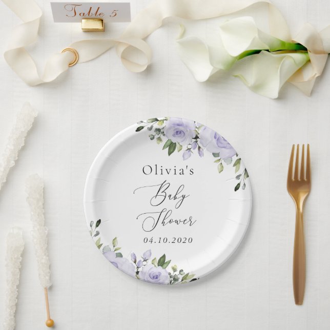 Purple Flowers, Lilac Flowers, Boho, Baby Shower Paper Plate (Wedding)