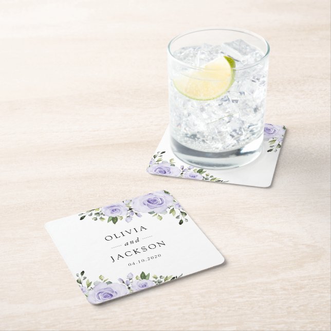 Purple Flowers, Lilac Flowers, Floral Wedding Square Paper Coaster (Insitu)