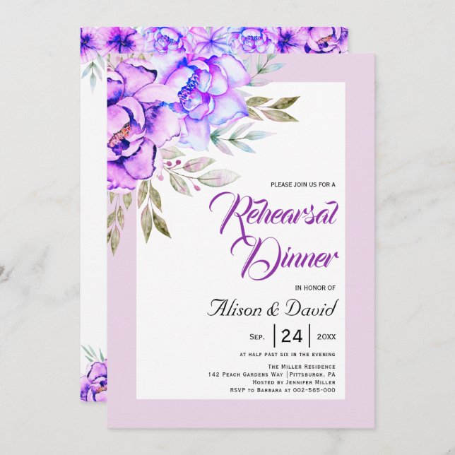 Purple flowers lilac wedding rehearsal dinner invitation (Front/Back)