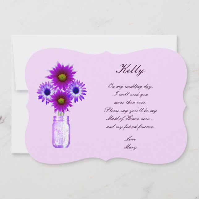 Purple Flowers Mason Jar Maid Of Honour Card (Front)