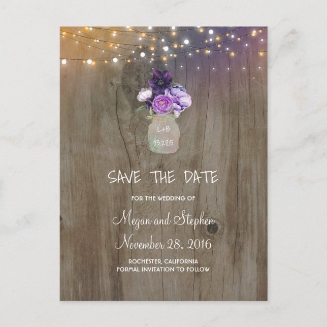 Purple Flowers Mason Jar Rustic Save the Date Announcement Postcard (Front)