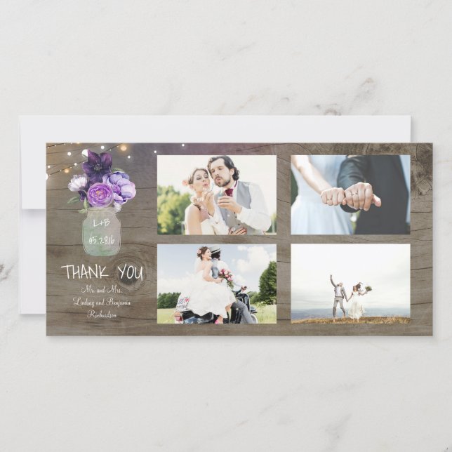 Purple Flowers Mason Jar Rustic Wedding Thank You (Front)