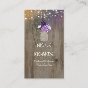 Purple Flowers Mason Jar Rustic Wood and Lights Business Card