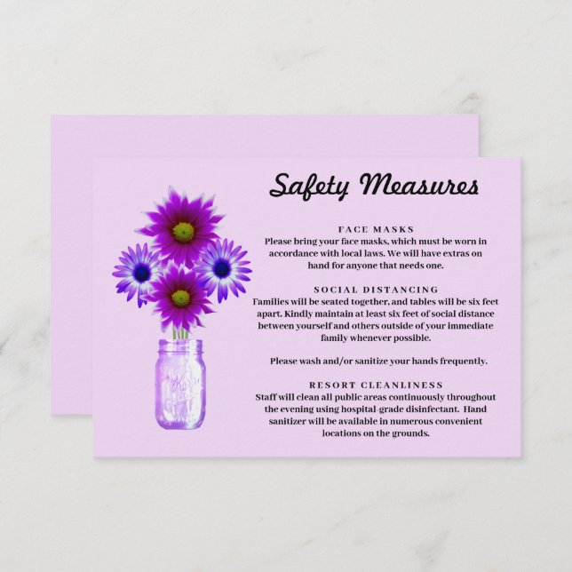 Purple Flowers Mason Jar Safety Measures Enclosure Card (Front/Back)