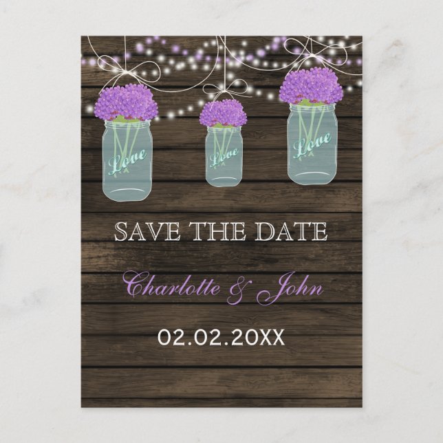 Purple Flowers Mason Jars Barn Wood Wedding Announcement Postcard (Front)