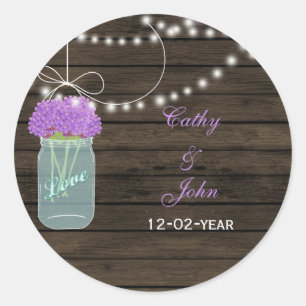 Purple Flowers Mason Jars Barn Wood Wedding Classic Round Sticker