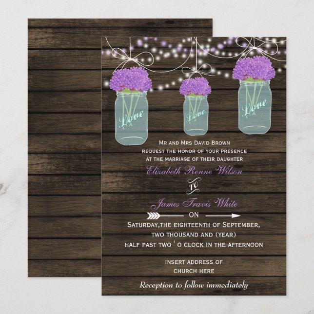 Purple Flowers Mason Jars Barn Wood Wedding Invitation (Front/Back)