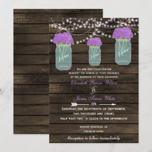 Purple Flowers Mason Jars Barn Wood Wedding Invitation