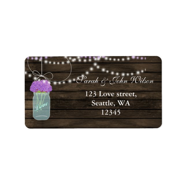 Purple Flowers Mason Jars Barn Wood Wedding Label (Front)