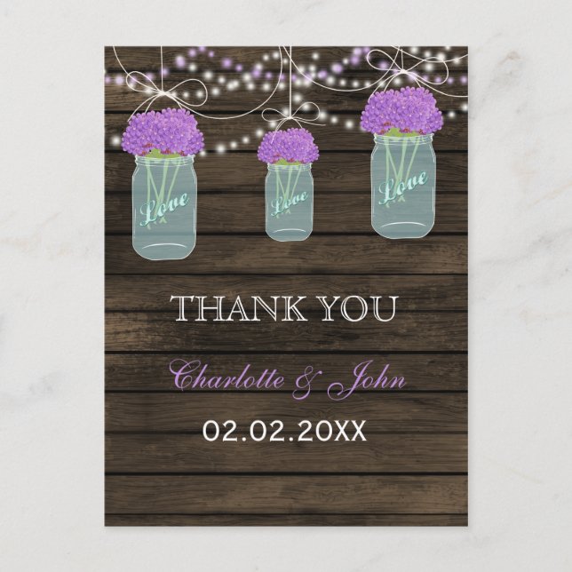 Purple Flowers Mason Jars Barn Wood Wedding Postcard (Front)