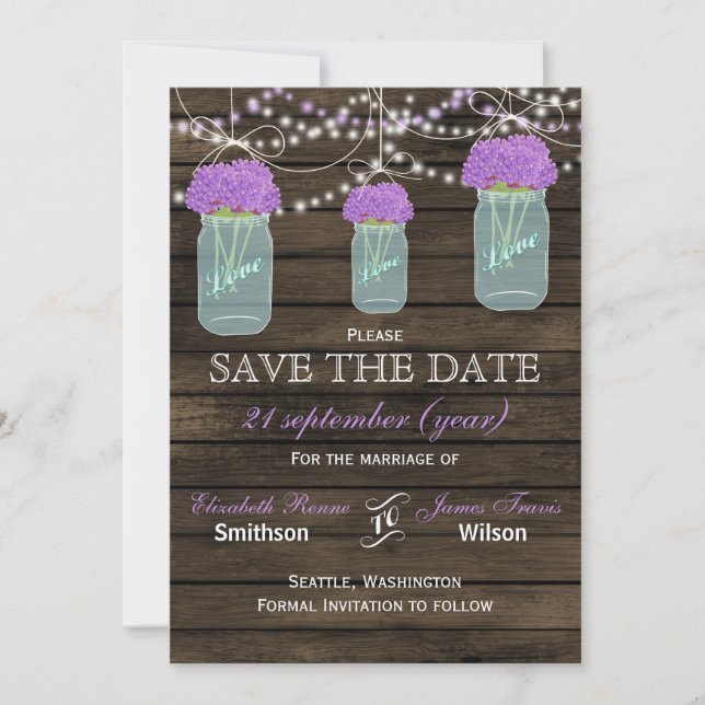 Purple Flowers Mason Jars Barn Wood Wedding Save The Date (Front)