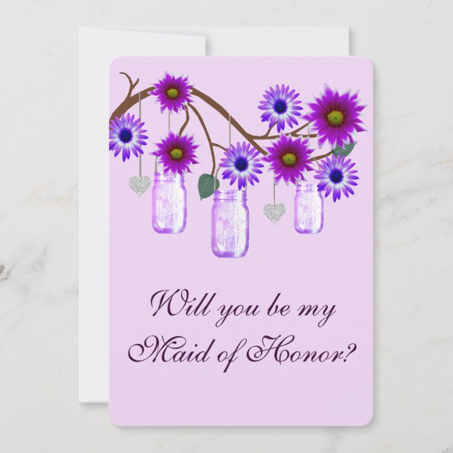 Purple Flowers Mason Jars Maid Of Honour Card (Front)
