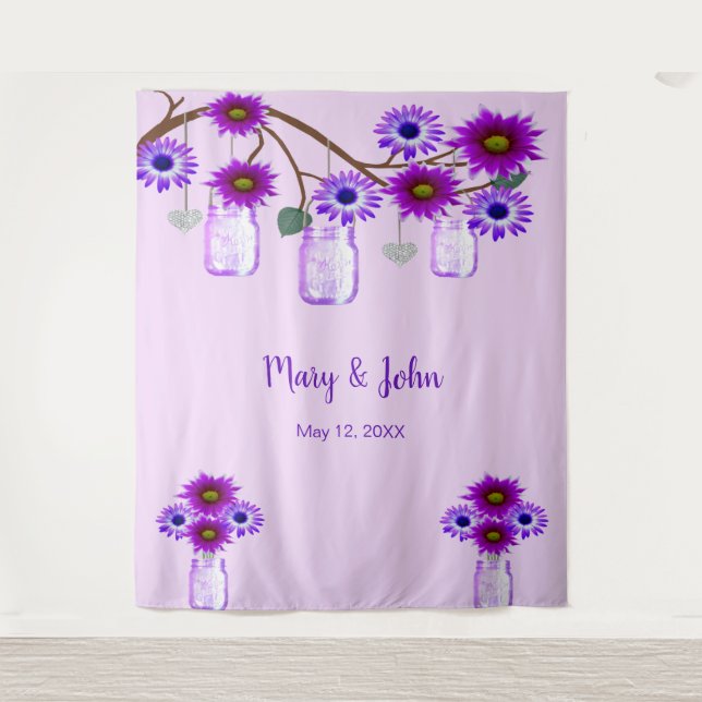 Purple Flowers Mason Jars Photo Backdrop Tapestry (Front)