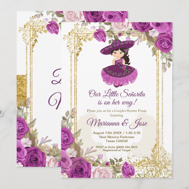 Purple Flowers Mexican Fiesta Couple Shower   Invitation (Front/Back)