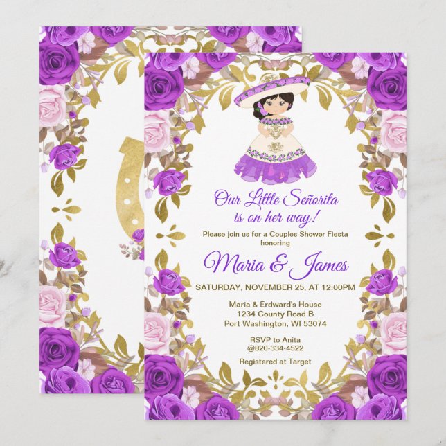 Purple Flowers Mexican Fiesta Couples shower Invitation (Front/Back)