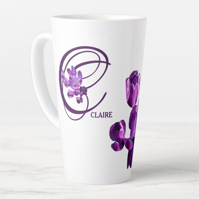 Purple flowers monogram Claire name customizable Latte Mug (Left Angle)