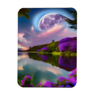 Purple flowers Moon and lake reflection Magnet