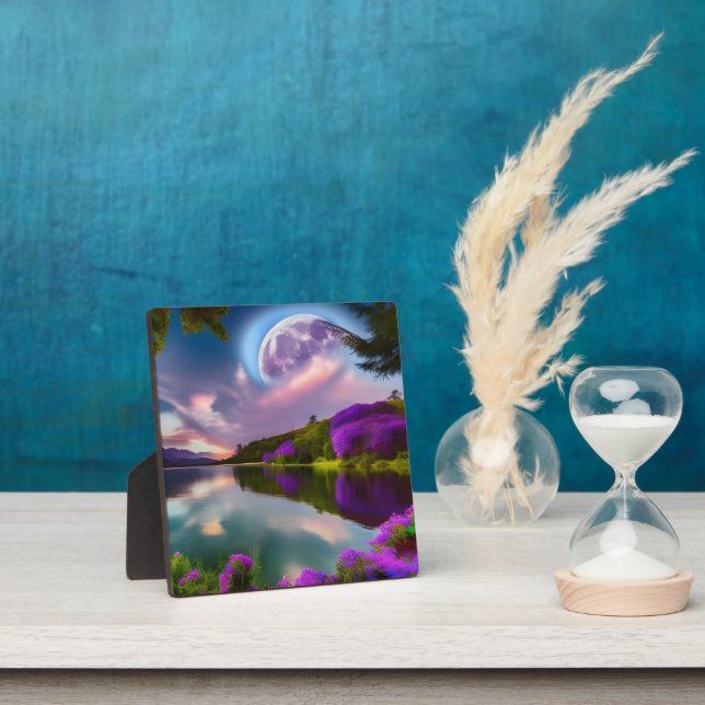 Purple flowers Moon and lake reflection  Plaque (Insitu)