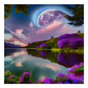 Purple flowers Moon and lake reflection  Poster