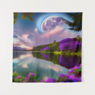Purple flowers Moon and lake reflection Tapestry