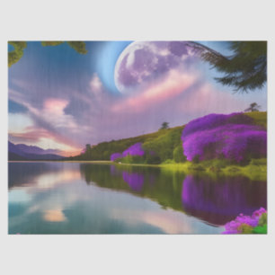 Purple flowers Moon and lake reflection Tissue Paper