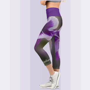 Purple Flowers, Name, Floral Capri Leggings