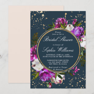 Purple Flowers & Navy Blue Bridal Shower Invitation