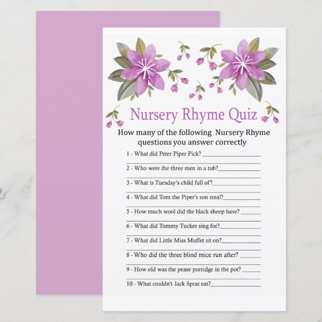 Purple flowers Nursery Rhyme Quiz baby shower game (Front/Back)
