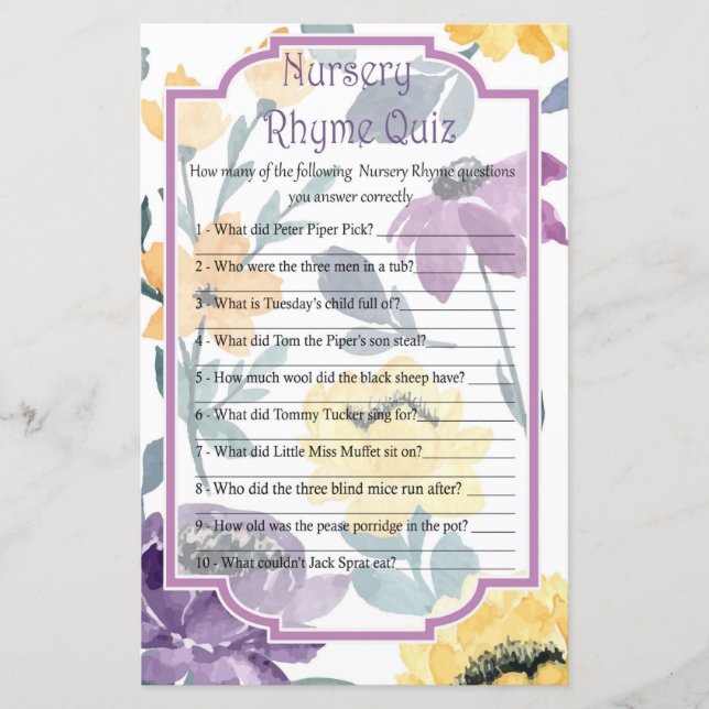 Purple flowers Nursery Rhyme Quiz baby shower game (Front)