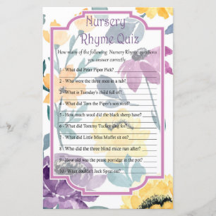 Purple flowers Nursery Rhyme Quiz baby shower game