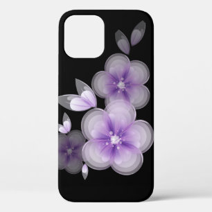 Purple Flowers on Black iPhone 12 Case