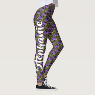 Purple Flowers on Green, Personalised Name Leggings