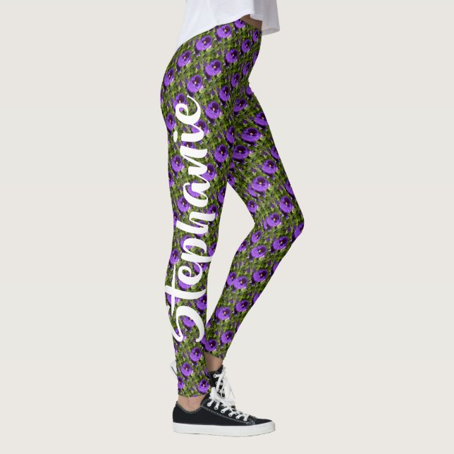 Purple Flowers on Green, Personalised Name Leggings (Right)