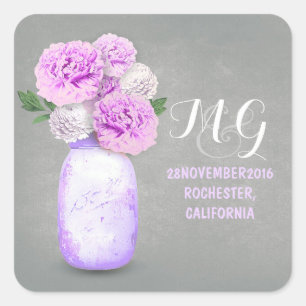 Purple flowers painted mason jar wedding stickers