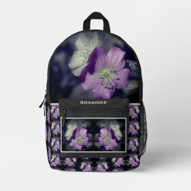 Purple Flowers Partial Colour Personalised Printed Backpack (Front)