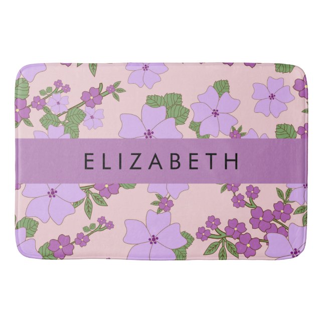 Purple Flowers, Pattern Of Flowers, Your Name Bath Mat (Front)